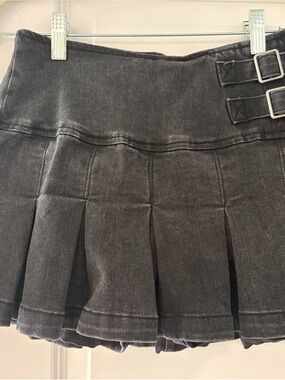 Black Pleated Mini Skort with Buckle Detail